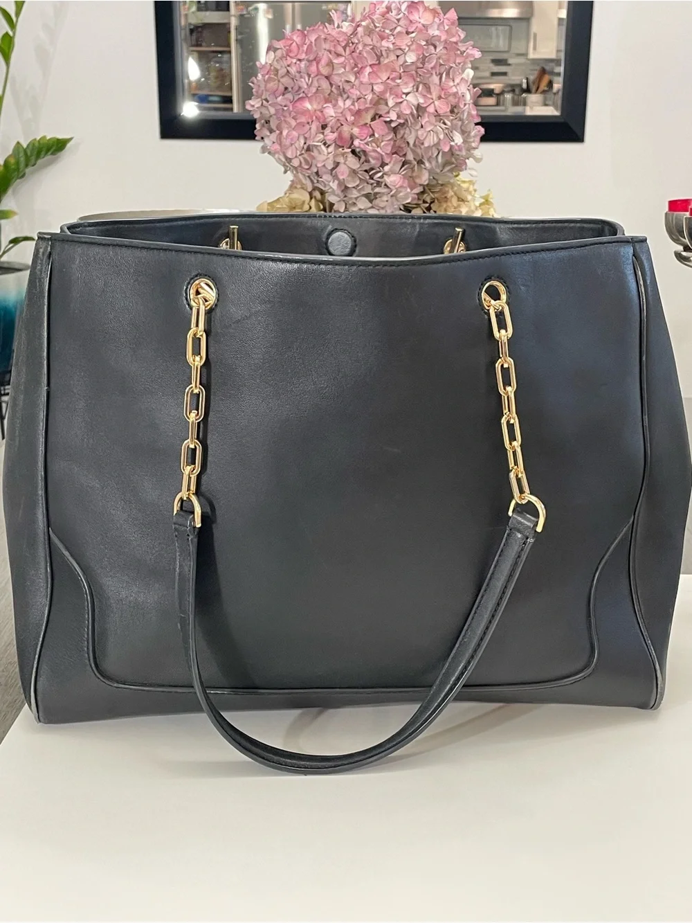 Tory Burch Black Leather Chain Tote Shoulder Bag Large Gold Logo Authentic